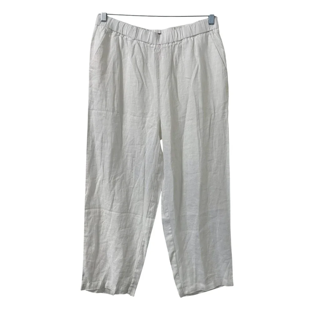 Quince 100% Linen Pants Womens L White High Rise Relaxed Crop Coastal Lagenlook